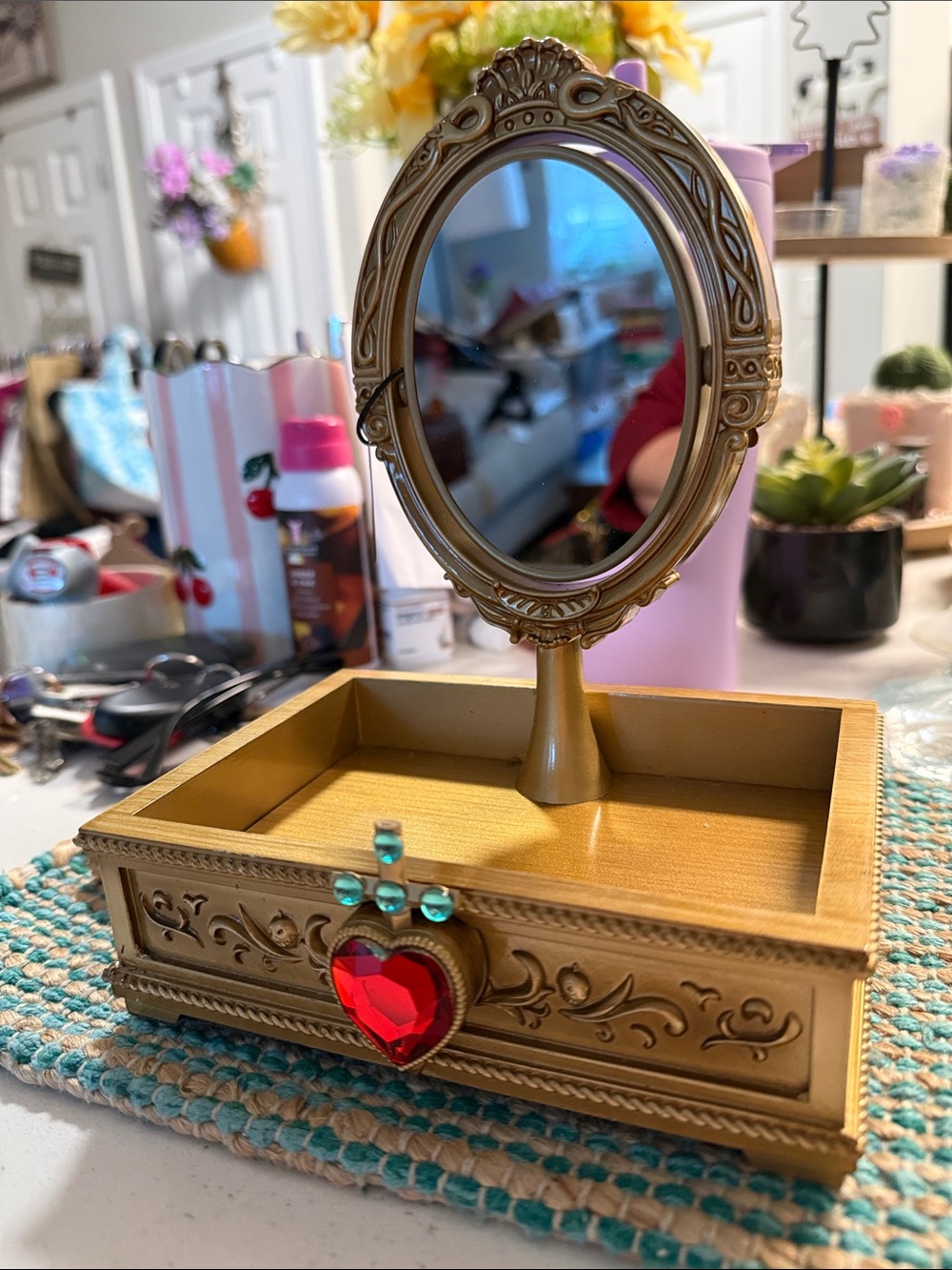 Disney Gold Jewelry Organizer with Red Heart and Turquoise Accents